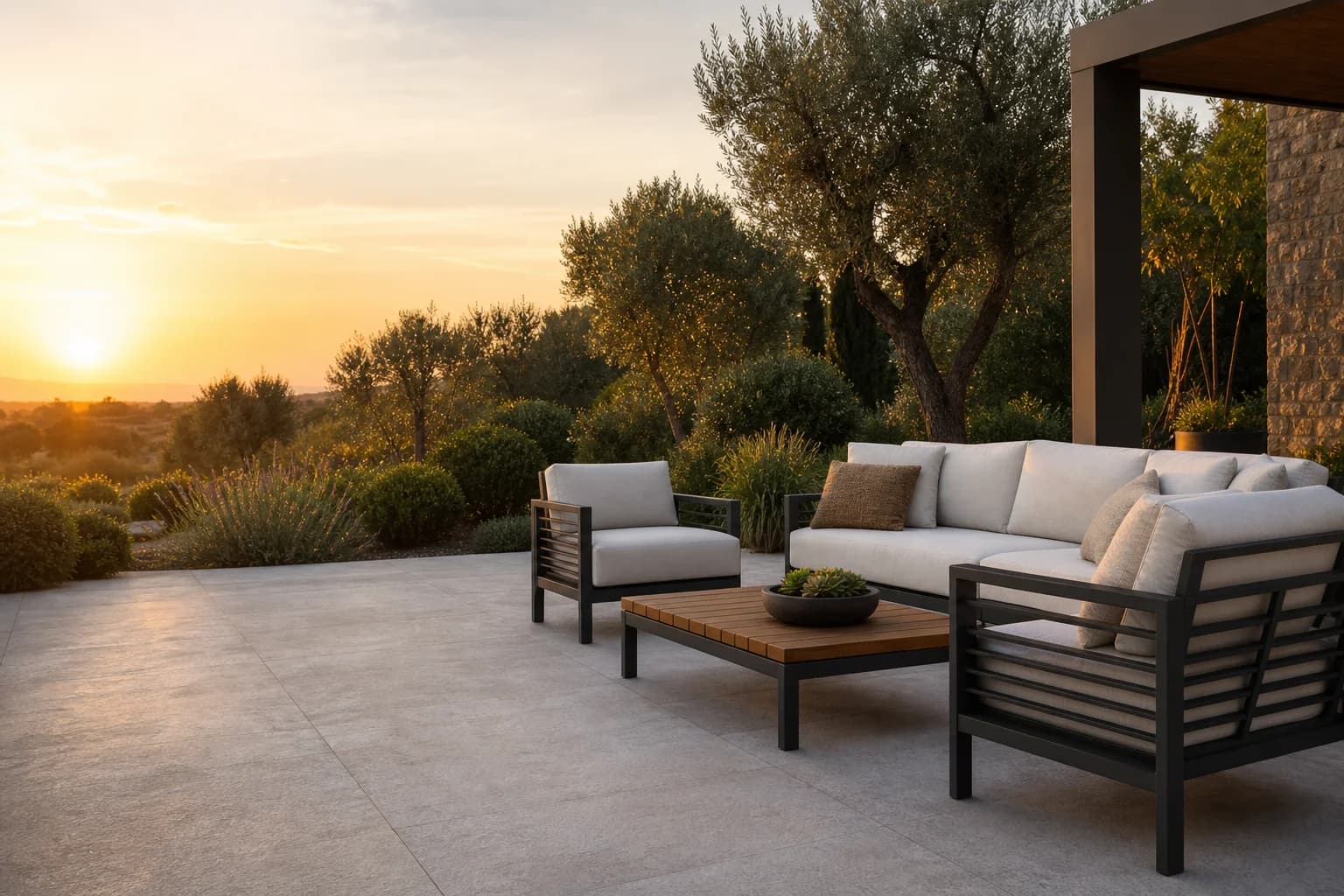 Outdoor lounge set on a sunlit garden patio